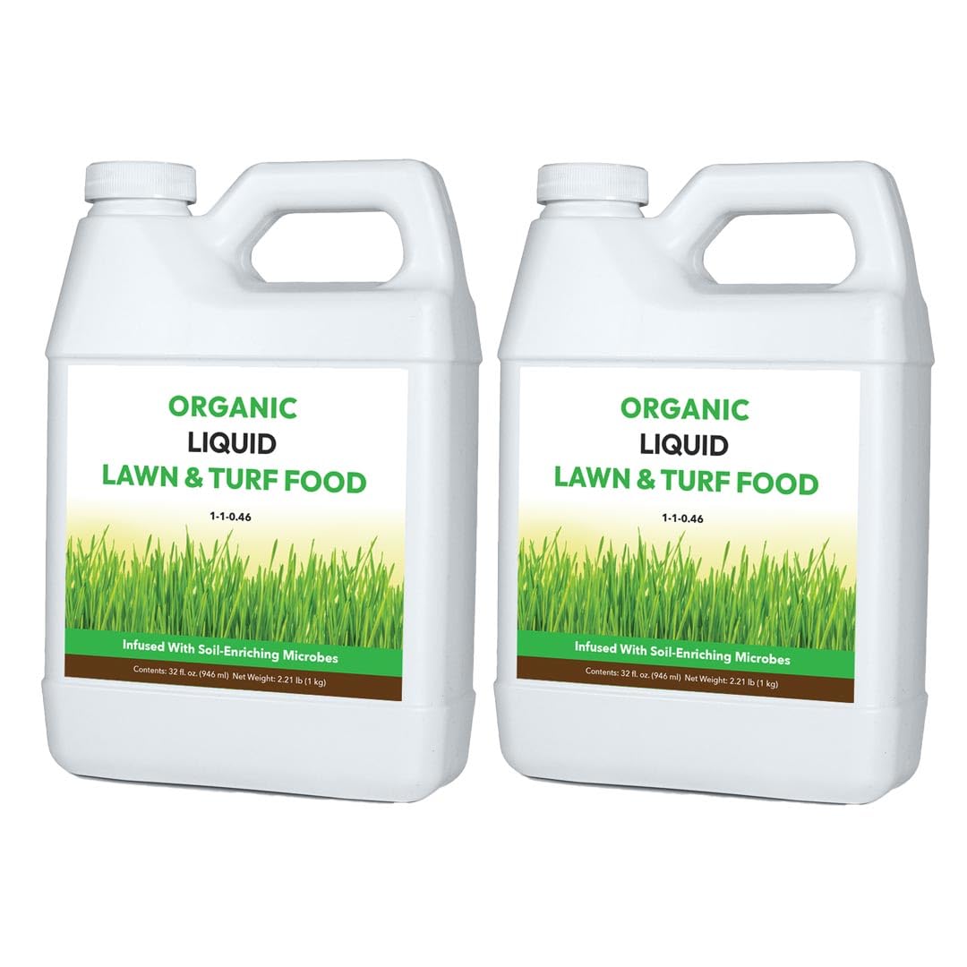 Organic Liquid Lawn & Turf Food - Quickly Rejuvenates Lawn Health and Restores Rich Green Colors to Depleted Grass | Infused with Soil Enriching Microbes (32oz - 2 Pack, Treats Up to 10,000 Sq. Feet)