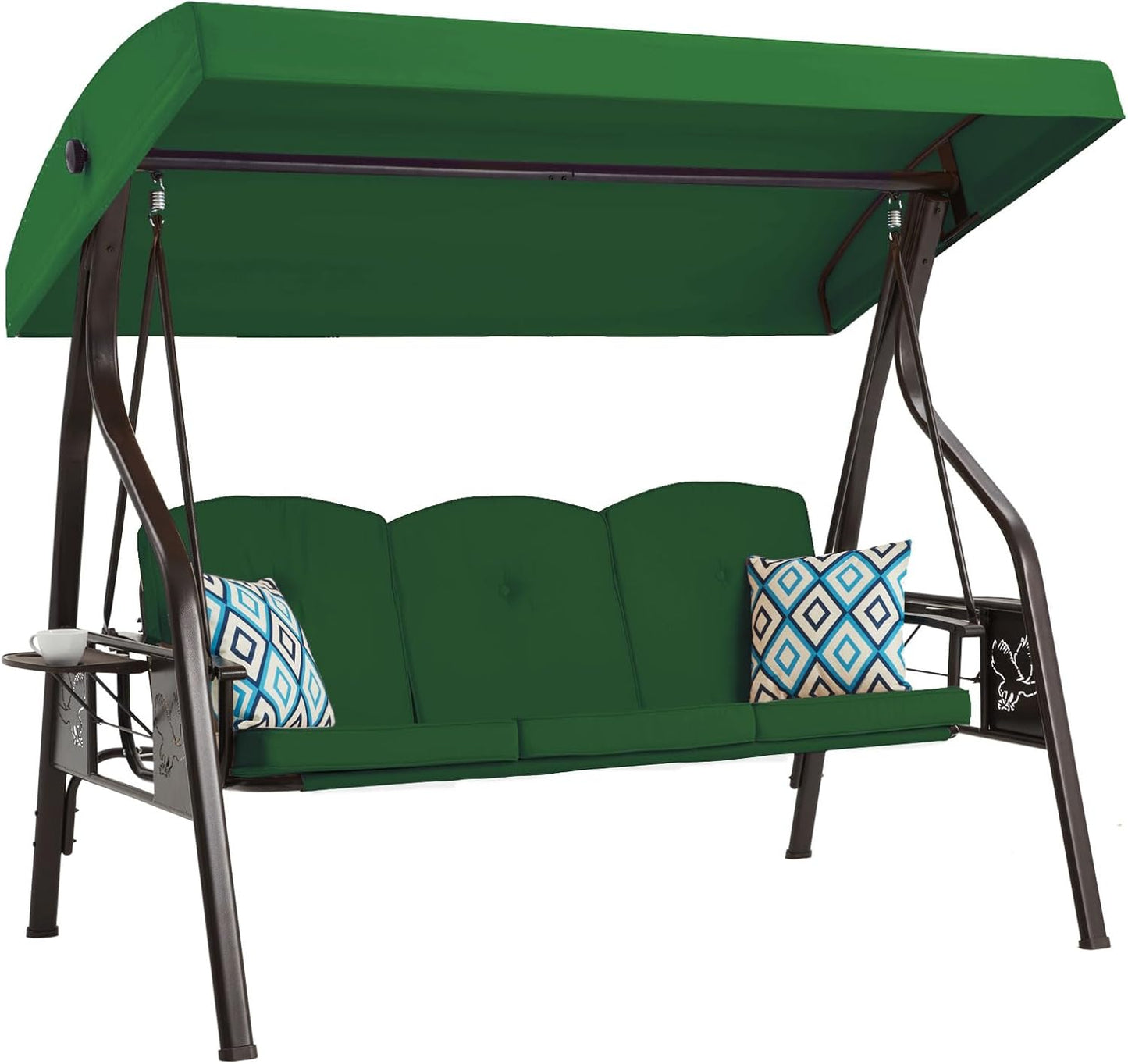 3-Seat Outdoor Porch Swing with Stand Patio Swing with Canopy 2 in 1 Porch Swing Bed & Patio Swing Chair for Adult w/Extra Pillows and Cup Holder for Yard(Green)