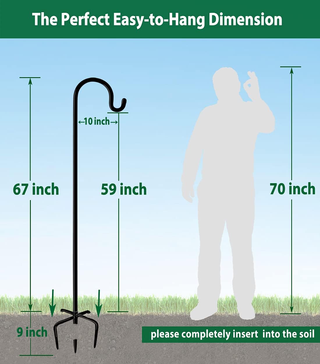 Artibear Adjustable Outdoor Shepherd Hook Stand with 5 Prong Base, 76 Inches Tall 3/5 in Thick, Shiny Black (2 Packs)