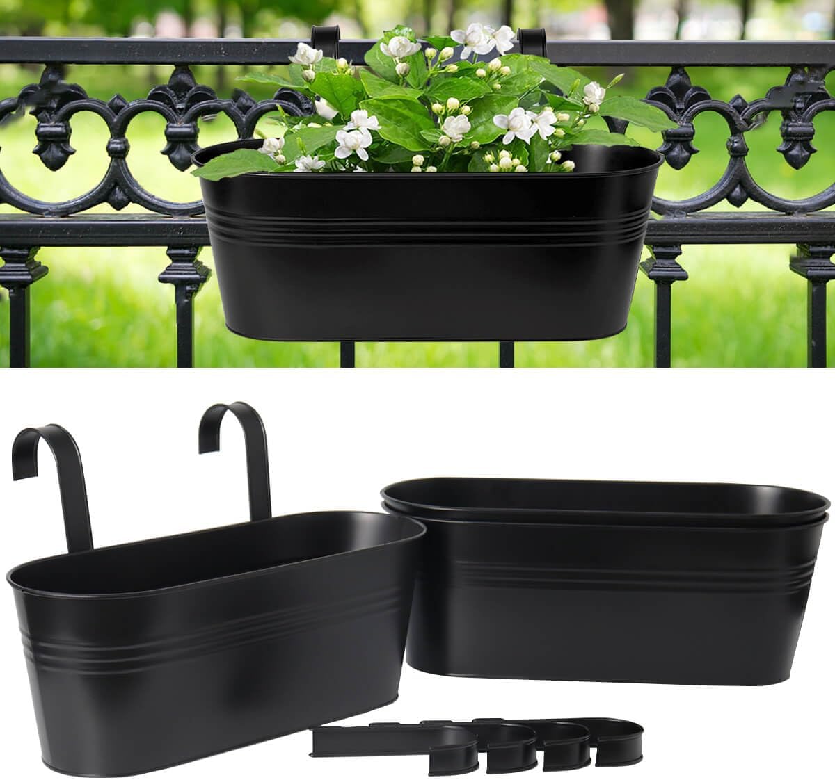 vensovo 16 Inch Railing Planter for Outdoor Plants - 3 Pack Large Metal Balcony Hanging Planters with Detachable Hooks and Drain Holes Oval Box Rail Pots for Home Garden Fence, Black