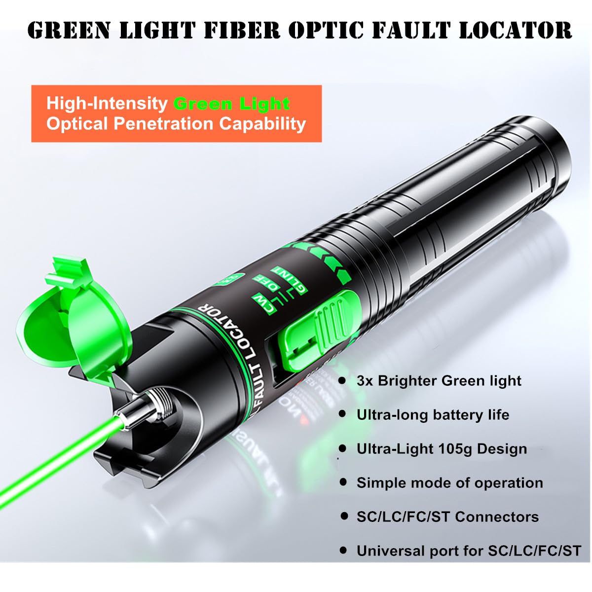 Visual Fault Locator - Green Light Fiber Optic Tester,510nm Wavelength, Compatible with SC/FC/ST/LC Interfaces, Ideal for Network