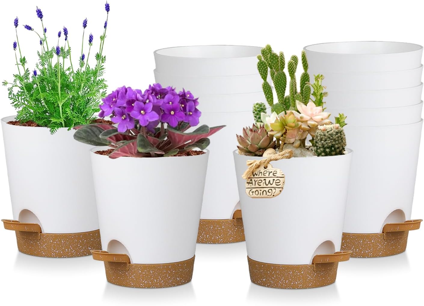 12 Pack 4 Inch Self Watering Plant Pots with Drainage and Saucers，Plastic Flower Pots for Indoor and Outdoor Plants, Nursery Planters for Houseplants and Herbs White Brown, 4 inch 12pcs