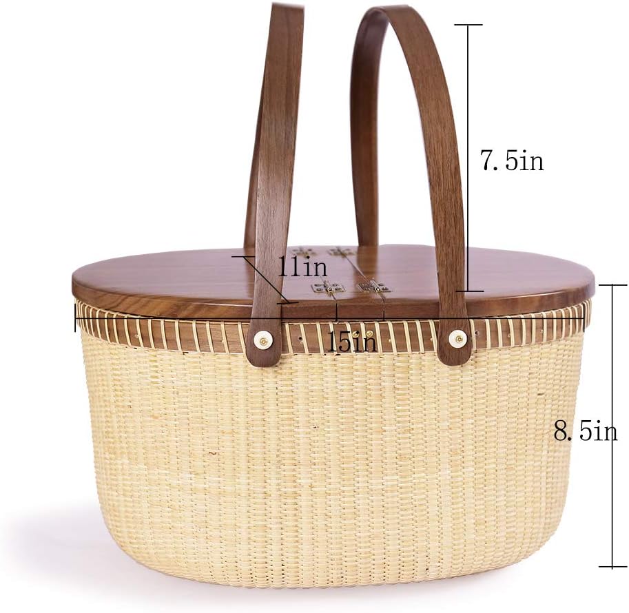 Nantucket Basket Crafts Cane-on-Cane Weave Picnic Basket Shopping Basket Basket Storage Basket Two Swing Handles (Black Walnut Activity Double Open)