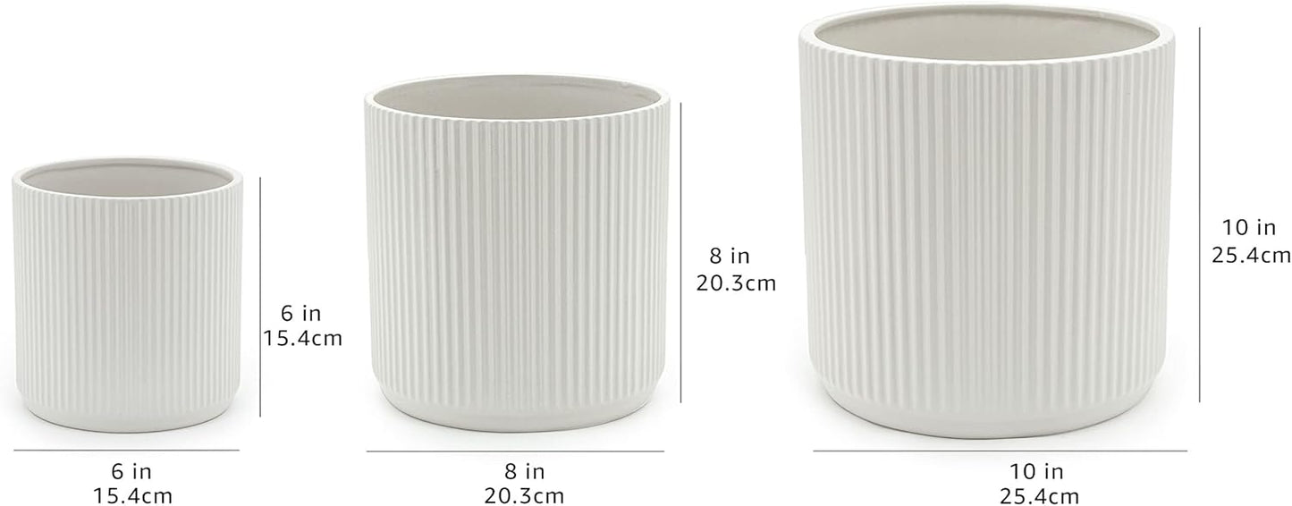 Amazon Basics Assorted Sizes Fluted Ceramic Round Indoor Outdoor Planters with Drainage, Set of 3, Modern Design, 6 inch, 8 inch, 10 inch, White