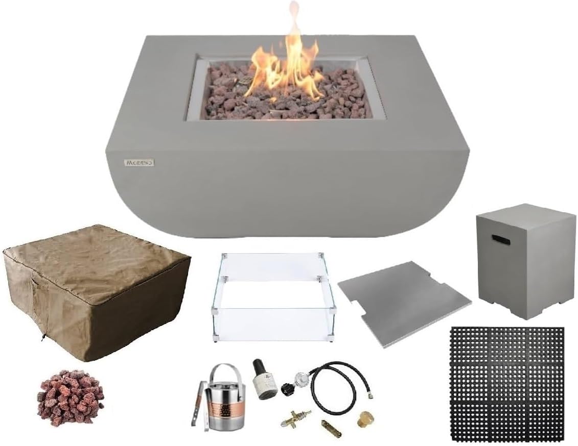 AMS Fireplace | Modeno Westport Package | Light Gray Liquid Propane Gas Fire Pit Table for Outside Patio Bundle with Tank Cover, Wind Guard, & SS Burner Lid | Free Ice Bucket & Rubber Mat