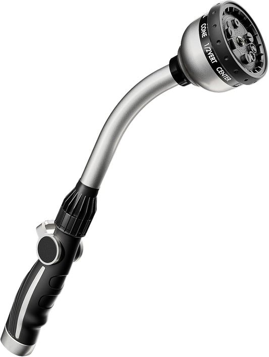 RESTMO Watering Wand Heavy Duty, Metal Garden Hose Wand with Thumb Flow Control, 15-Inch Long Hose Nozzle Sprayer with 10 Spray Patterns, Ideal to Water Hanging Baskets and Shrubs, Silver