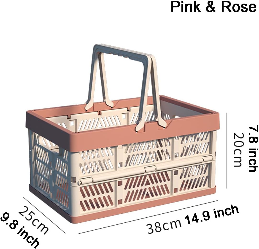 Foldable Handle Storage Crate Bin - 20L Collapsible Plastic Crate Stacking Storage Basket - Pink & Rose M