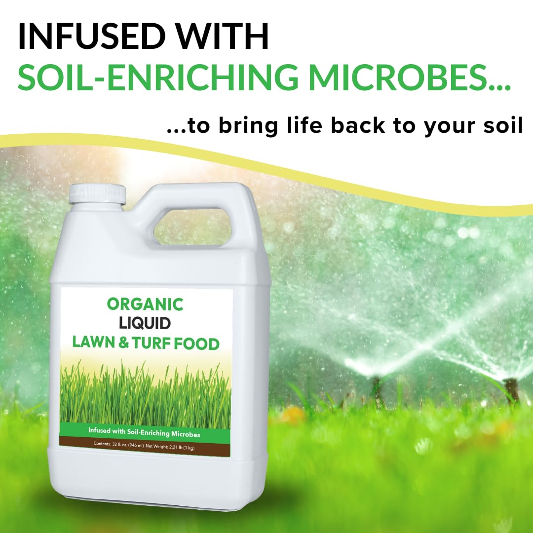 Organic Liquid Lawn & Turf Food - Quickly Rejuvenates Lawn Health and Restores Rich Green Colors to Depleted Grass | Infused with Soil Enriching Microbes (32oz, Treats Up to 5,000 Sq. Feet)