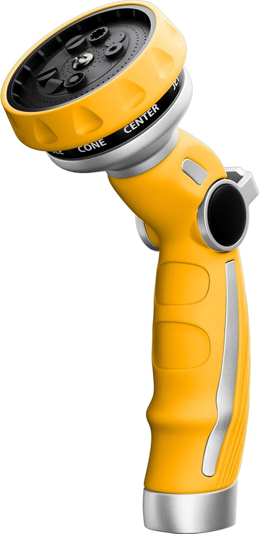 RESTMO Hose Nozzle Heavy Duty, Metal Water Hose Sprayer for Garden, 9 Spray Patterns | High Pressure | Thumb Flow Control | On/Off Valve, Ideal for Lawn & Plant Watering, Car & Pet Washing, Yellow