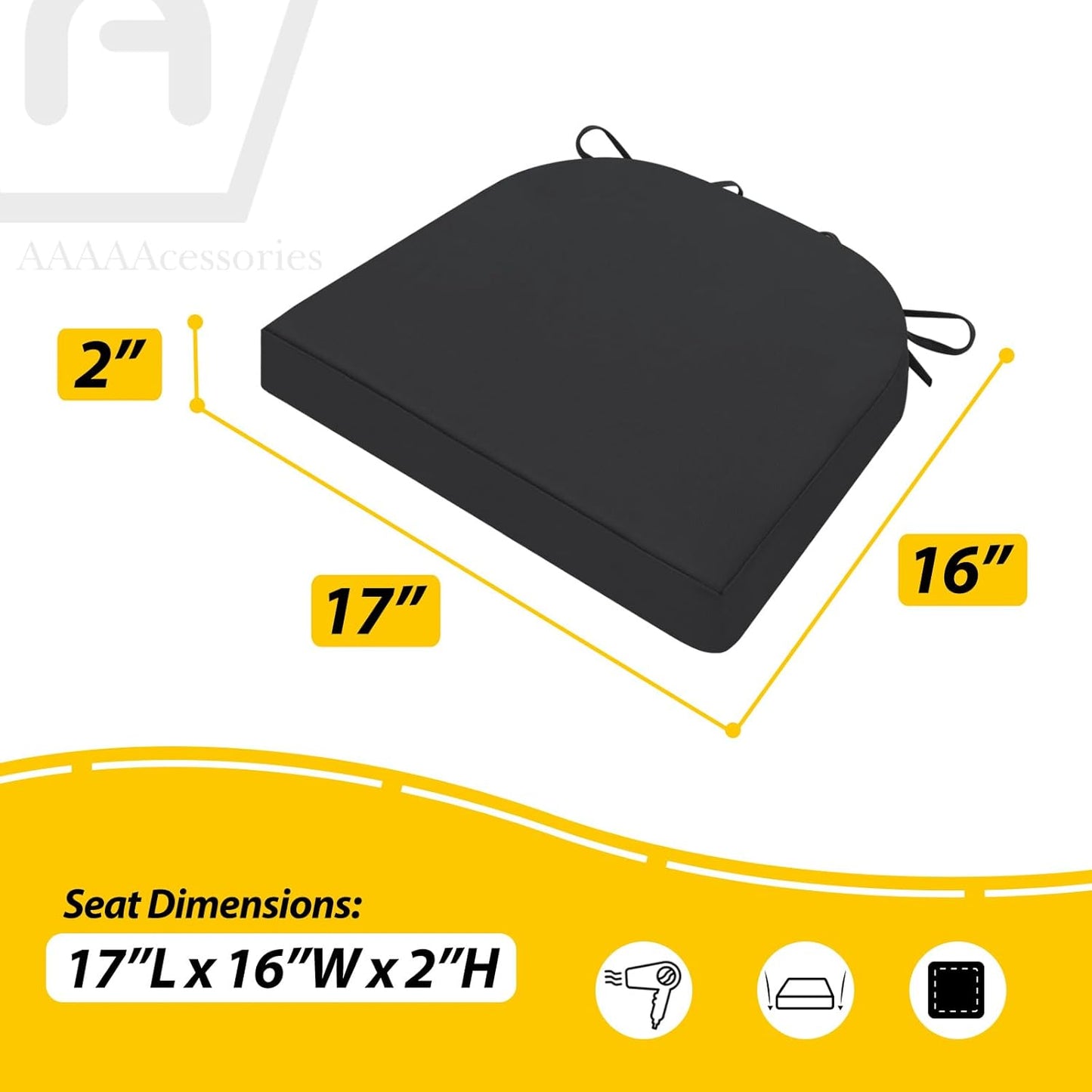 AAAAAcessories Outdoor Seat Cushions for Chairs, Waterproof, Fade-Resistant Patio Furniture Replacement Cushions, 17" x 16" x 2", Set of 2, Black