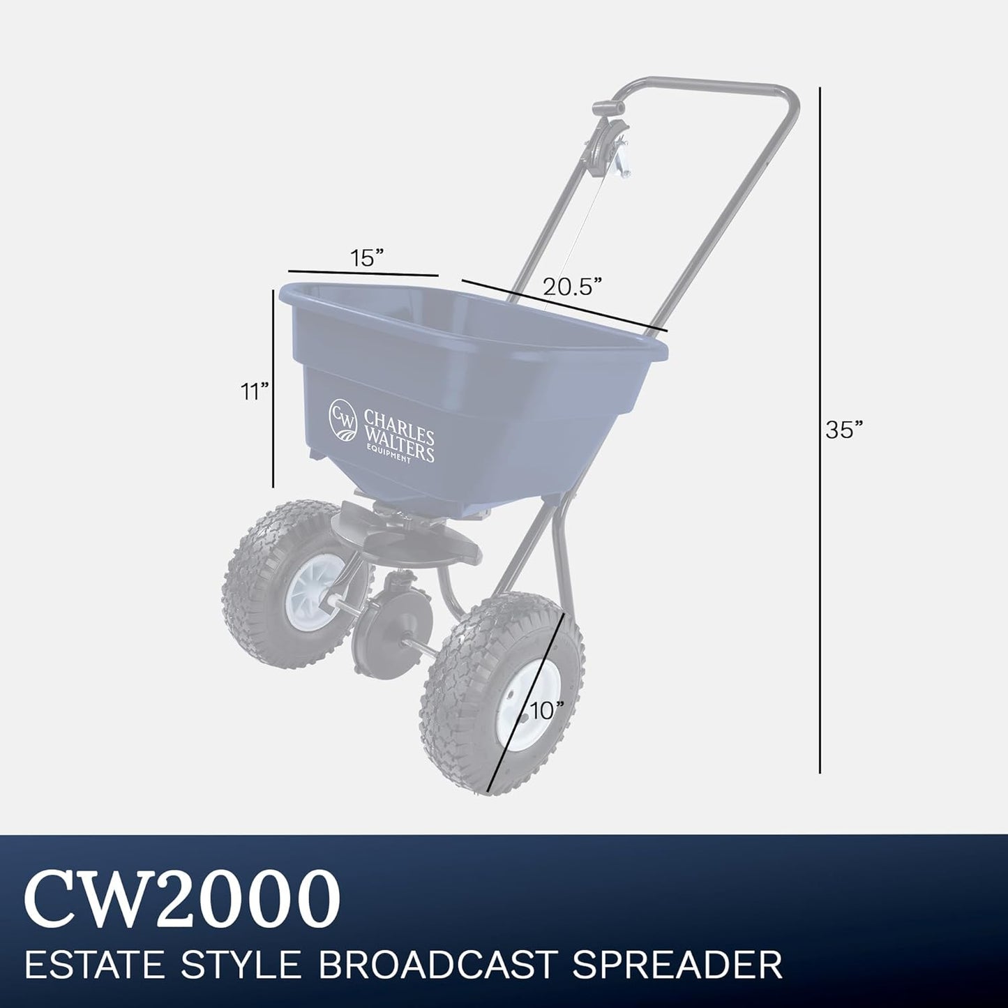 Charles Walters Equipment CW2000 Estate Style Broadcast Spreader for Spreading Fertilizer and Ice Melt on Lawns, Sidewalks, and Driveways, 65lb Capacity, 35" x 35"