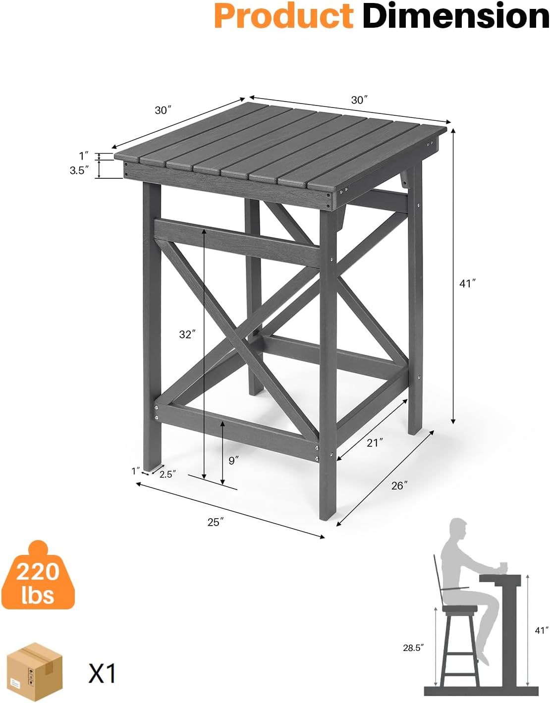 HDPE Outdoor Bar Table, 41" Adirondack Outdoor Bar Height Table, All Weather HDPE Patio High Top Pub Table, Square HDPE Patio Bar Tables for Balcony, Deck, Backyard, Poolside, Smoke Gray