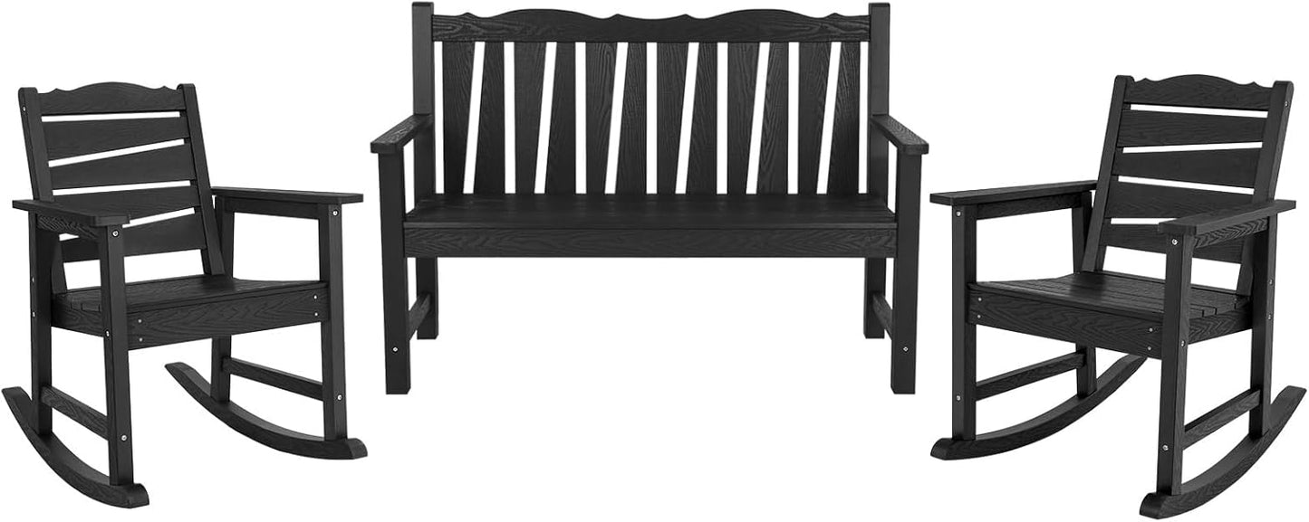 Outdoor Rocking Chairs Set, Weatherproof HIPS Outdoor Furniture, Include 2 Patio Rocking Chairs + Outdoor Bench, Suit for Garden, Porch, Lawn & Backyard(Black)