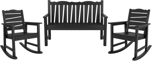 Outdoor Rocking Chairs Set, Weatherproof HIPS Outdoor Furniture, Include 2 Patio Rocking Chairs + Outdoor Bench, Suit for Garden, Porch, Lawn & Backyard(Black)