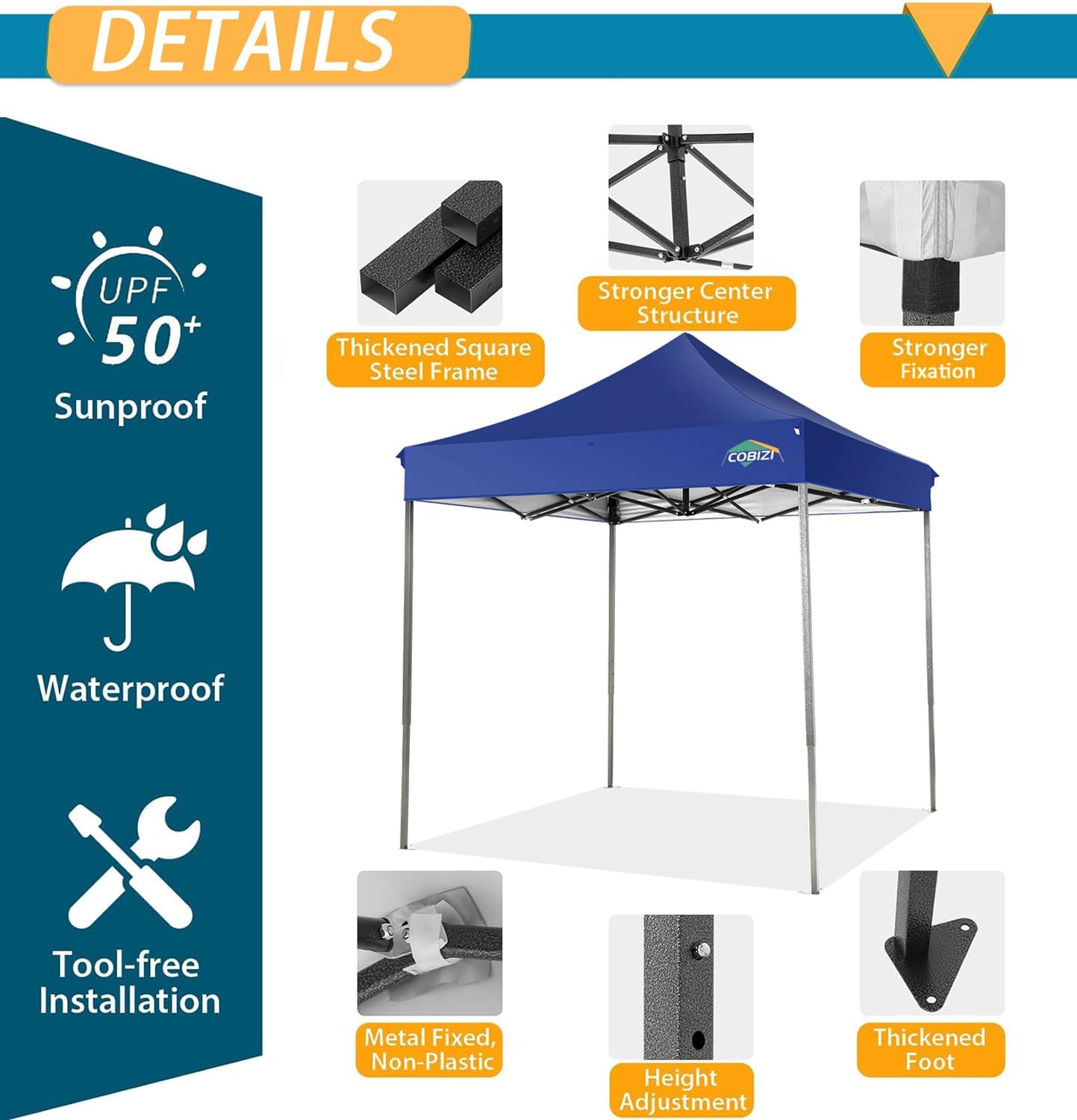 COBIZI 6.6x6.6 Pop Up Canopy Without Sidewall,Heavy Duty Canopy UPF 50+ All Season Wind Waterproof Commercial Outdoor Party Tents for Parties Canopy Gazebo with Storage Bag(6.6 x 6.6 ft Dark Blue)