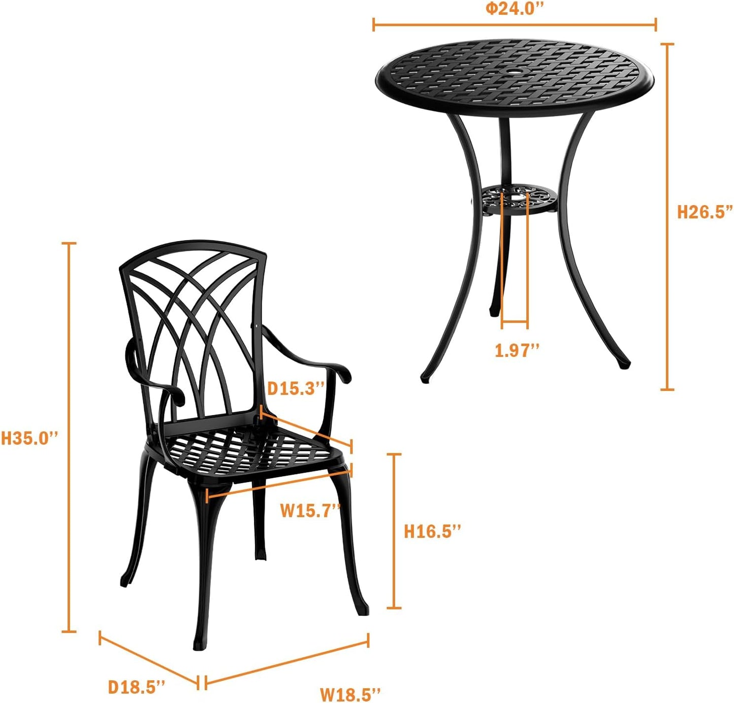 Patio Bistro Set 3 Piece, Cast Aluminum Bistro Set for 2 w/Umbrella Hole, Outdoor Table and Chairs Set of 2, Bistro Set for Balcony/Backyard/Garden, Black