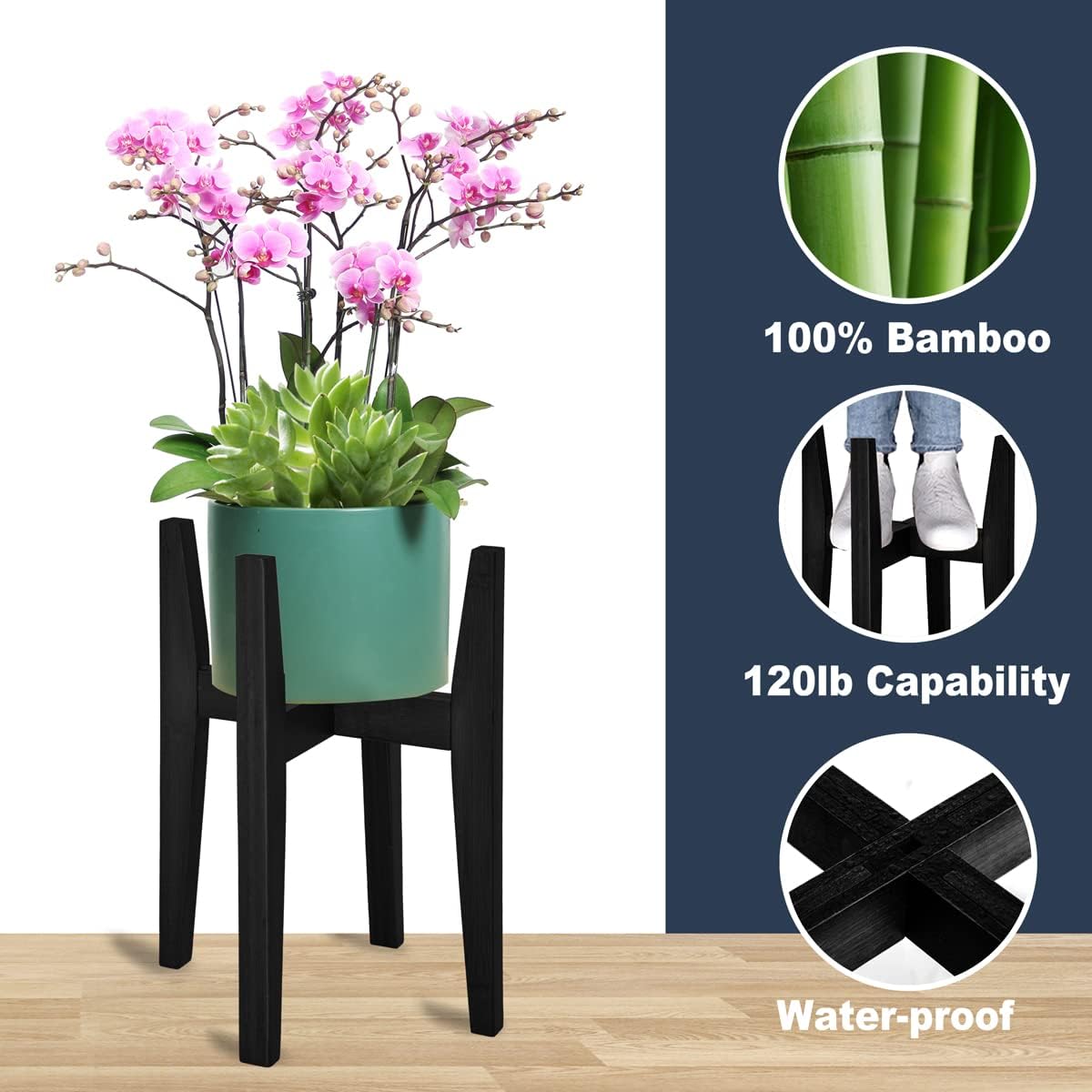 OERGKE 2 Pack Plant Stand Indoor, Adjustable Bamboo Mid Century Modern Plants Stands, Corner Flower Holder for Living Room, Fits 8 to 12 Inches Pots, (Pot & Plant Not Included)(Black)