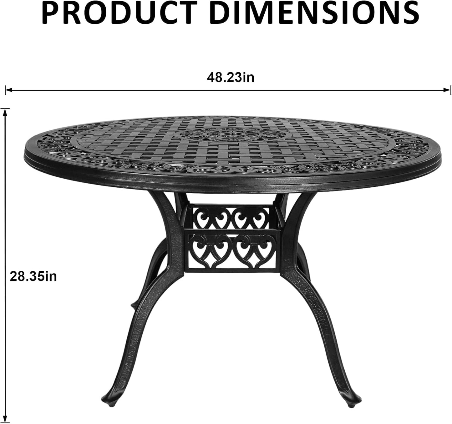 48 Inch Outdoor Dining Table Round Patio Bistro Table Powder-Coated Cast Aluminum Frame Patio Dining Table Garden Table with Umbrella Hole (Black)