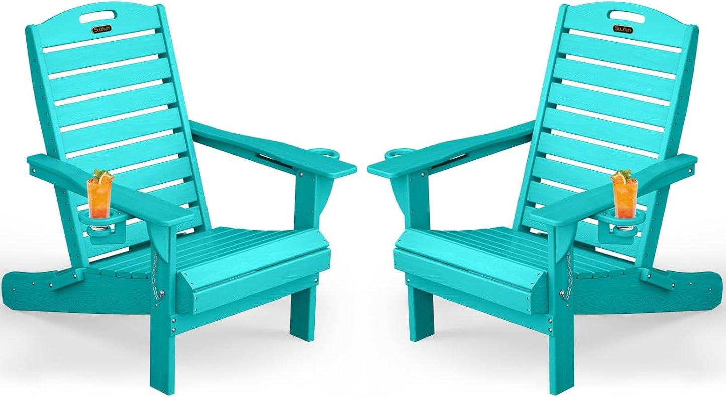 Adirondack Chairs Set of 2, Outdoor Fire Pit Chairs, HDPE All-Weather Adirondack Chairs with Cup Holder, Lawn Chair for Deck, Patio, Garden (Lakeblue)