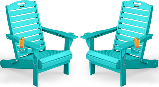 Adirondack Chairs Set of 2, Outdoor Fire Pit Chairs, HDPE All-Weather Adirondack Chairs with Cup Holder, Lawn Chair for Deck, Patio, Garden (Lakeblue)