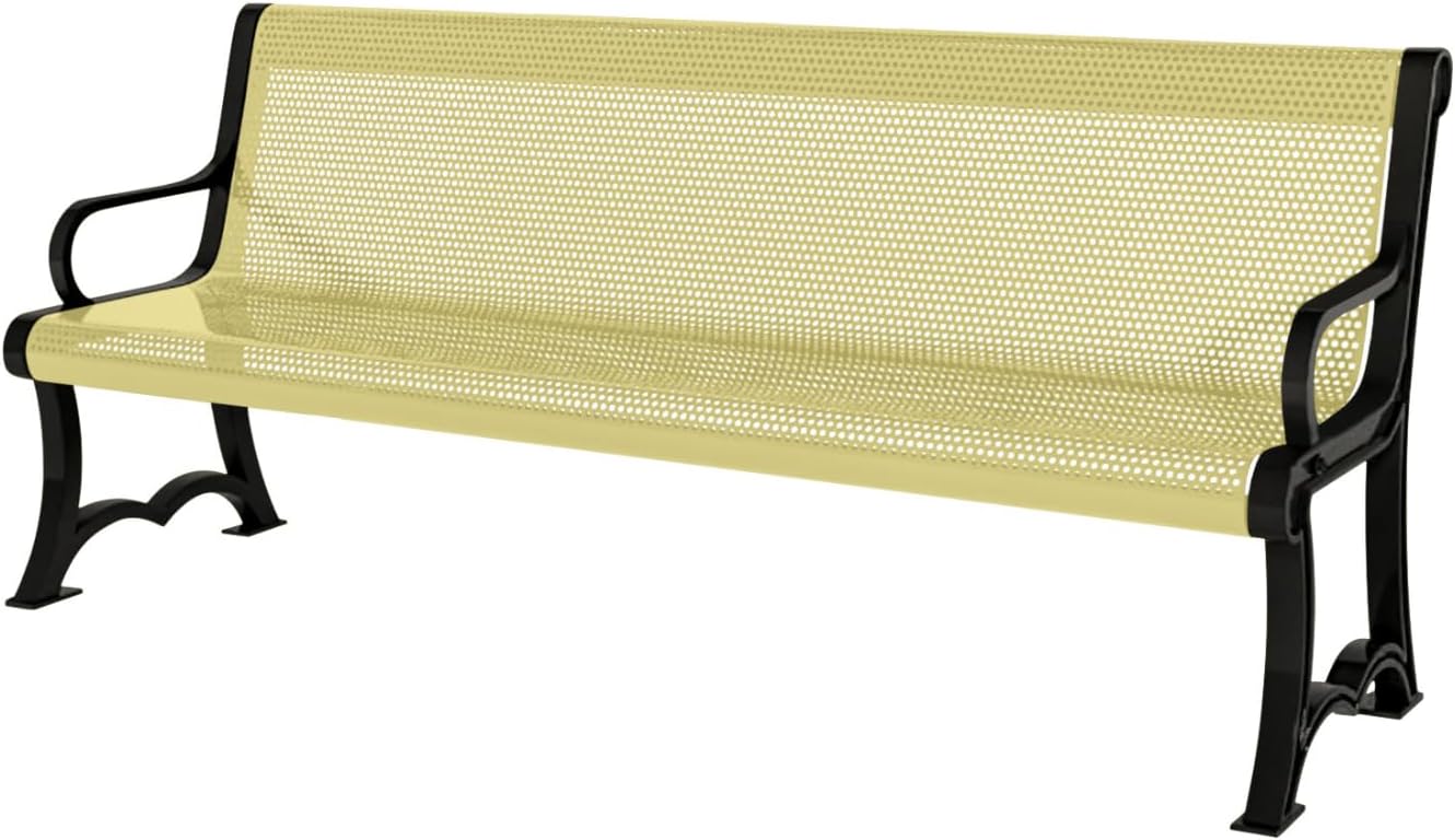 Coated Outdoor Furniture Heavy-Duty Outdoor Bench Thermoplastic Coated, Punched Steel, Commercial-Grade Garden Bench, Made in America (Portable with Back, 4 Ft, Textured Sand)