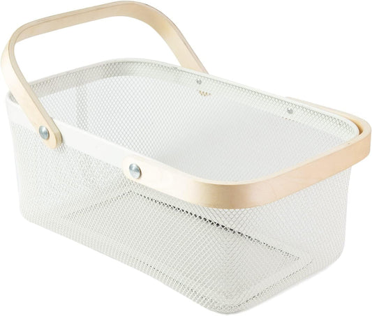 Portable Garden Harvest Basket-Mesh Design Natural Bamboo Handle Wire Storage Baskets,Mesh Basket with Handle Organize Items Reduce Space Occupation,Suitable for Kitchen,Garden,Picnic(White)