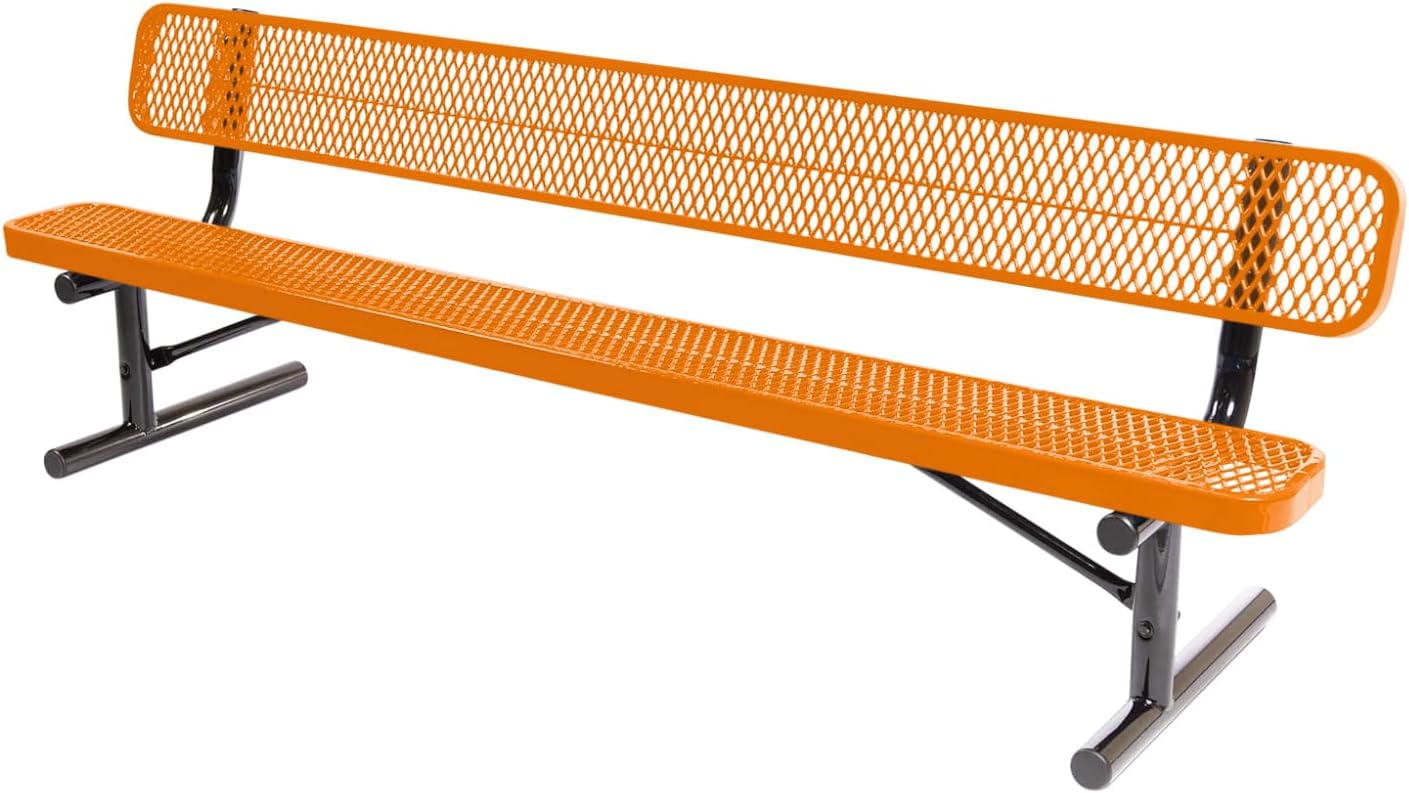 Coated Outdoor Furniture Heavy-Duty Portable Outdoor Bench Thermoplastic Coated, Expanded Metal, Commercial-Grade Seating, Made in America (Portable with Back, 8 Ft, Orange)