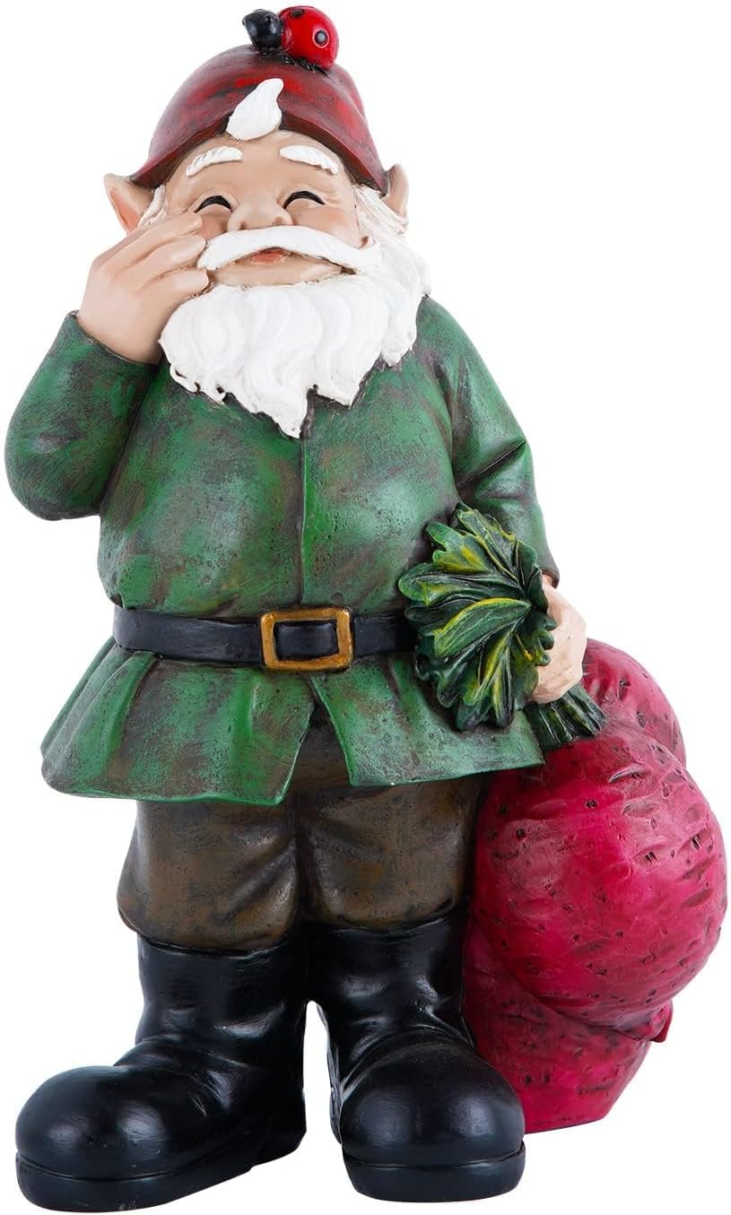 Topadorn Gnomes Figurine Resin Sculpture Garden Gnome Drag a Brunch of Radishes Statue with a Ladybug for Indoor Outdoor Decor, Radish Harvest 10 Inch, Weatherproof Garden Gnome Yard Statue Decor