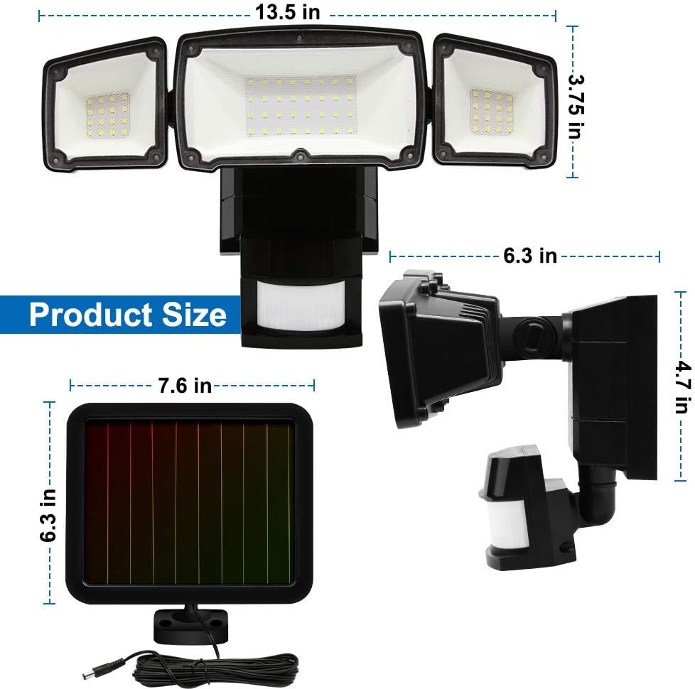 AmeriTop Solar Lights Outdoor, Super Bright 1600LM LED 6000K Solar Motion Sensor Lights with Wide Angle Illumination; 3 Adjustable Heads, IP65 Waterproof Outdoor Security Lighting (Black)