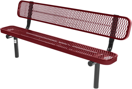 Coated Outdoor Furniture Heavy-Duty Outdoor Bench Thermoplastic Coated, Expanded Metal, Commercial-Grade Seating, Made in America (Inground with Back, 6 Ft, Burgundy)