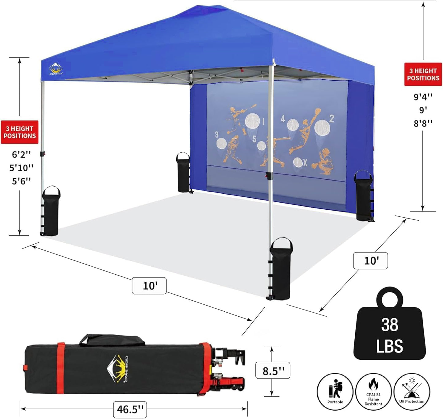 CROWN SHADES 10x10 Pop Up Canopy Tent with Game Netting - Beach Tent with One Push Setup - Outdoor Sun Shade for Events, Parties, Camping with STO-N-Go Cover Bag, Silver Coated Top, Blue