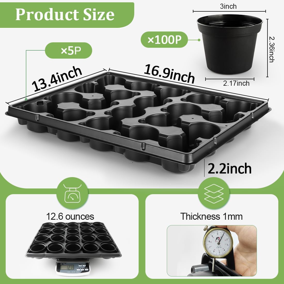3 Inch Plastic Plant Pots 100 Pcs with 5 Pcs 20 Cell Seed Starter Trays, Thick Black Small Nursery Pots and Propagation Shuttle Trays for Seed Starting, Plant Propagation Starter Kit 5 Sets