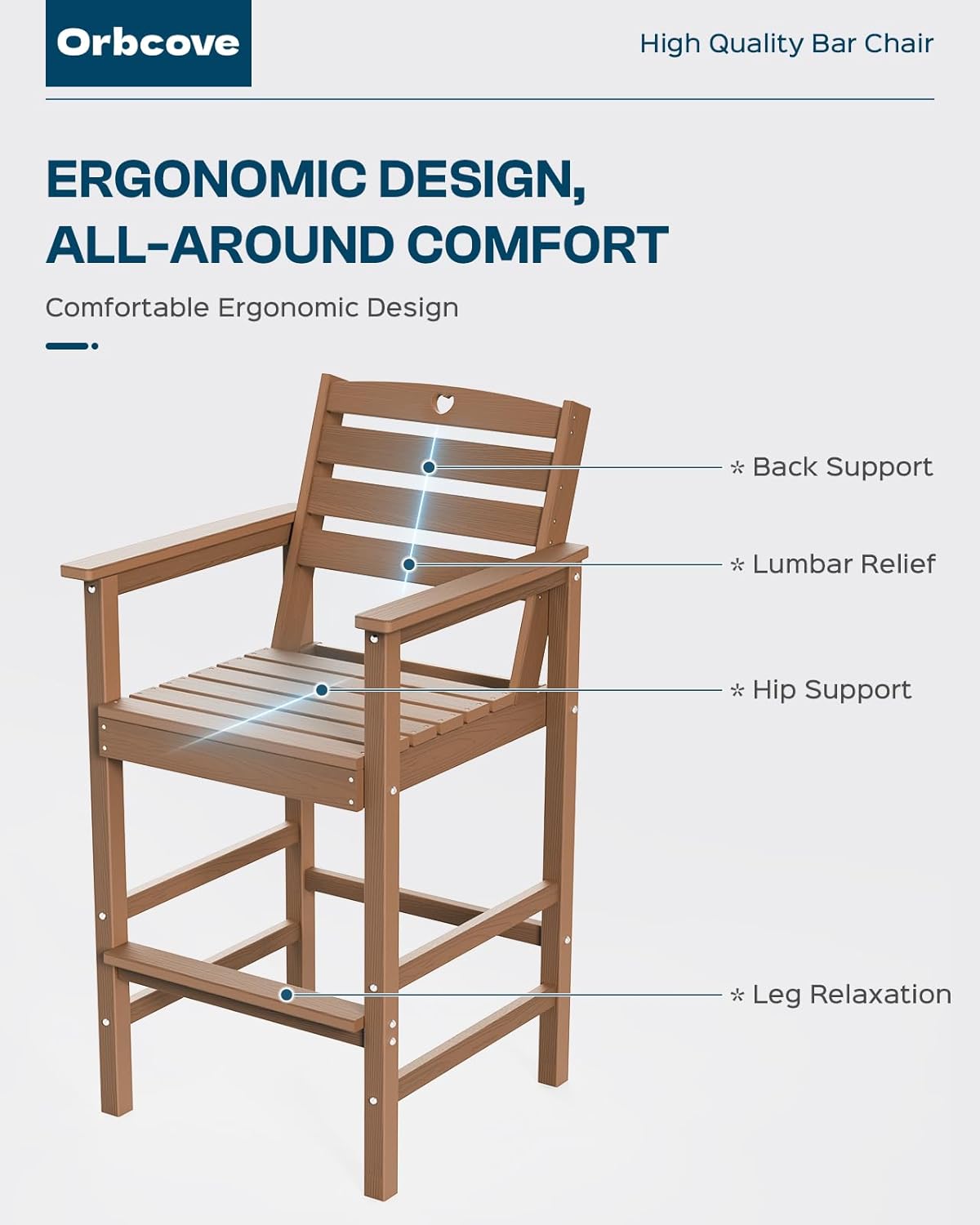 Tall Adirondack Chairs Set of 2, HDPE Wood Balcony Adirondack Chairs Set with Heart Cutout Design, Weather-Resistant Bar Height Furniture for Deck, Porch, Pool (Teak)