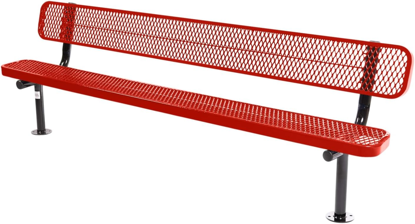 Coated Outdoor Furniture Heavy-Duty Outdoor Bench Thermoplastic Coated, Expanded Metal, Commercial-Grade Seating, Made in America (Surface with Back, 8 Ft, Red)
