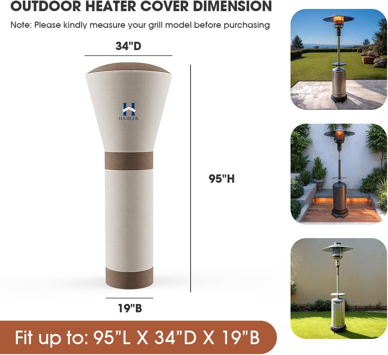 HAMLER Patio Heater Covers, Outdoor Heater Covers Waterproof with Zipper, Outdoor Patio Heater Cover Fits up to 95"H x 34"W x 19"W, Heavy Duty Heater Covers for Standing Heater, Brown & Beige