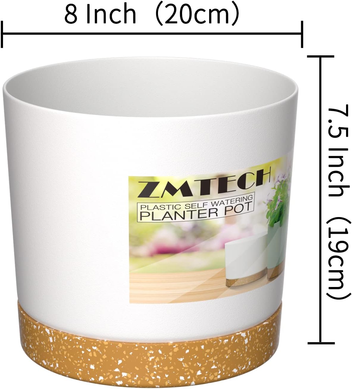 ZMTECH Plant Pots, Set of 3 8'' Self Watering Plastic Planter with Drainage Hole and Saucer, Modern Decorative Flower Pot for Indoor Outdoor House Plants, Succulents, Flowers - Dark Gray/White/Green