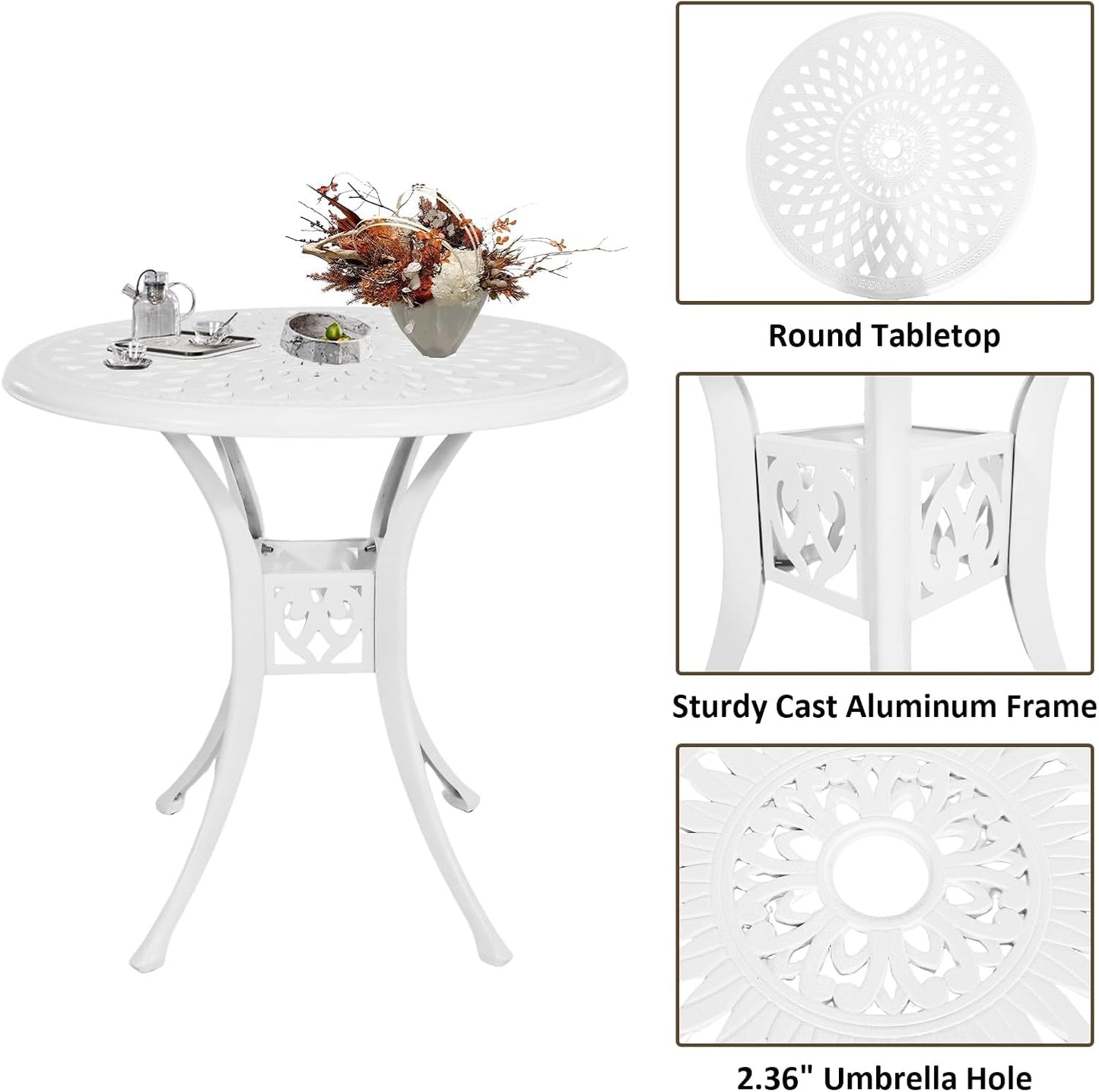 Outdoor Patio Table and Chairs Patio Dining Furniture Set Cast Aluminum Outdoor Table and Bistro Chairs for Garden (White, 3 Piece Round Table Set)