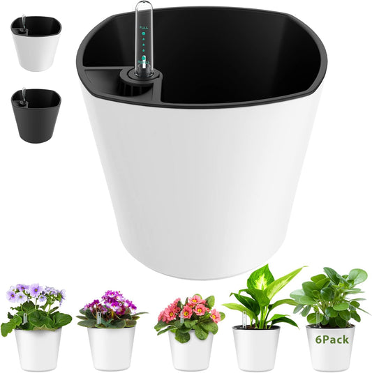 7 inch Plant Pots 6-Pack, Self Watering Flower Pots Indoor Outdoor, African Violet Pots Planters with Drainage Hole Saucer Reservoir, White