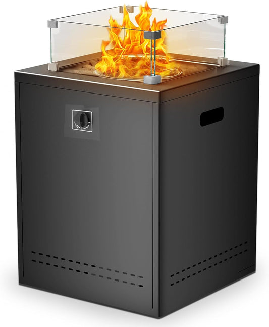 Fire Pit Table Propane Smokeless Fire Pit Outside Heater Patio with Lava Rocks，Glass Wind Guard and Cover,20" Square Fire Pit Table for Balcony Garden Outdoor Camping Deck Backyard,Black