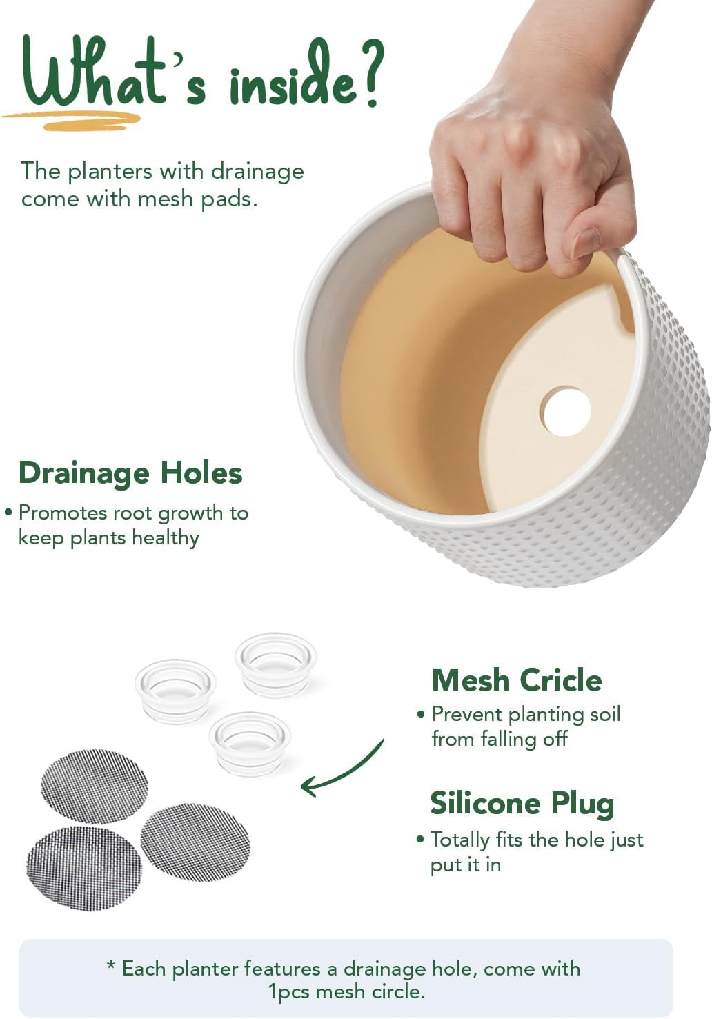 LE TAUCI Ceramic Plant Pots Indoor, 10+8+6 Inch Planters for Indoor Plants, Raised Dots Flower Pots with Drainage Hole and Plug, Cylinder Round Planters, Set of 3, White