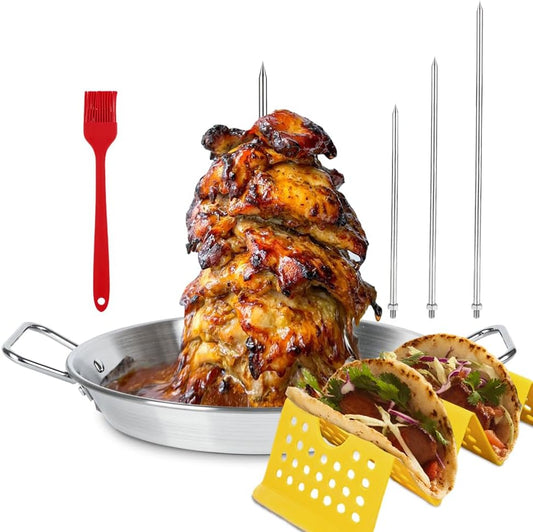 Stainless Steel Gyro Spit Shawarma Stand for oven, Vertical Skewer Pan Al Pastor Skewer for Grill, El Pastor Hack for Tacos Al Pastor Chicken, Brazilian, with 8",10",12" stick