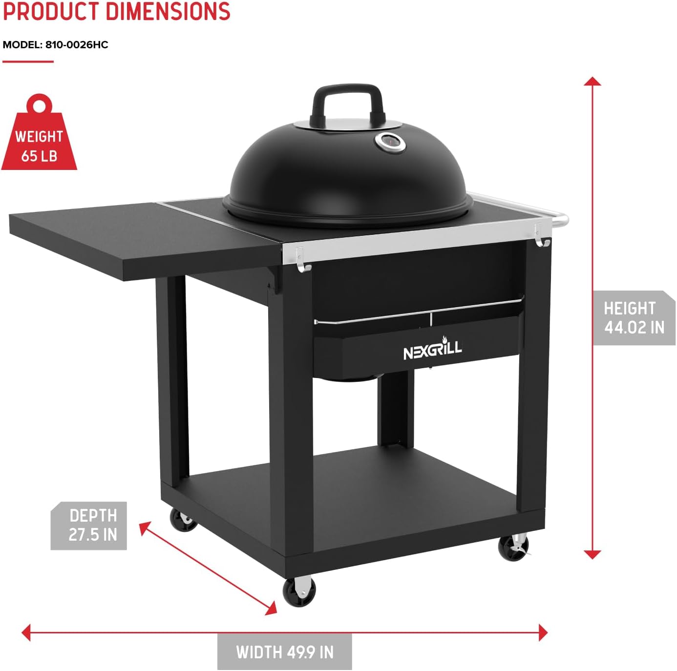 Nexgrill 22" Charcoal Grill with Table Cart and Side Table, 358 SQ In Grate, Adjustable Air Vents, Integrated Temperature Gauge, Mobile Cart Barbecue Grill for Camping, Picnics, and More - 810-0026HC