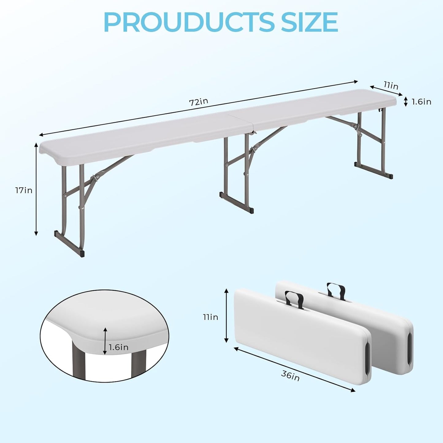 6ft HDPE Folding Bench, Foldable Seat with Sturdy Frame and Security Lock for Indoor and Outdoor, Multipurpose Entertaining Activities, Portable and Easy to Store, 2 Pack, White