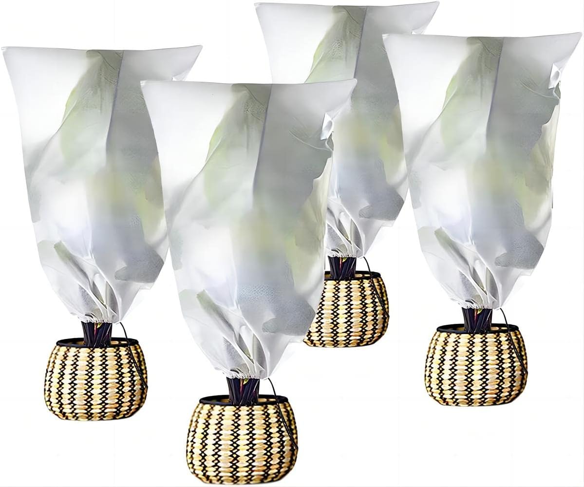 Agfabric Plant Covers Freeze Protection 48"x55" 0.9oz Plant Frost Protection Covers Plant Protection Winter Cover Drawstring Bags Cold Frost Blanket,White,4 Pack