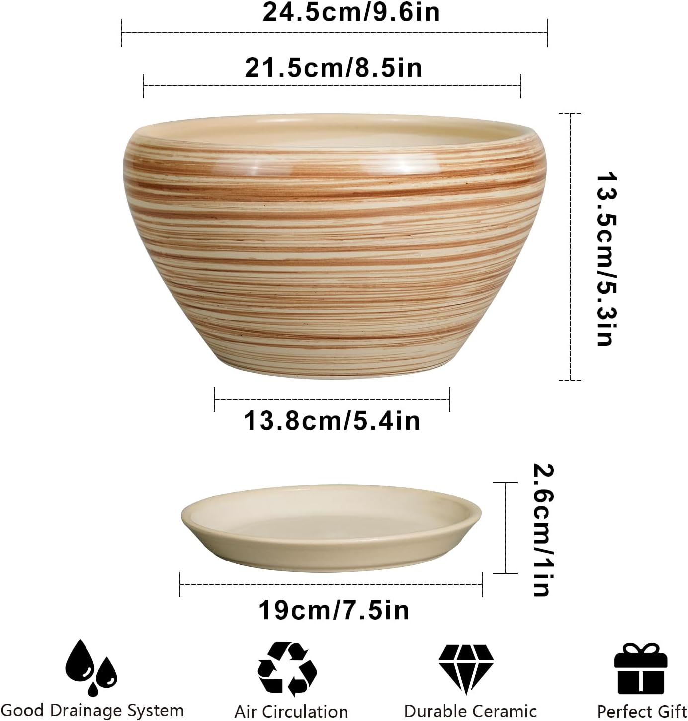 Indoor Planter 9 Inch - Ceramic Pots for Plants Plant Pot Indoor with Drainage Hole and Saucer Round Large Planter Modern Outdoor Flower Pot for House Patio Yellow