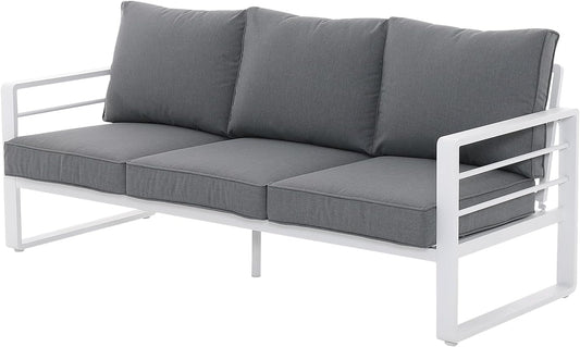 Patiorama Aluminum Patio Furniture Set, Outdoor Patio 3-Seater Sofa, 3 Seats Couch, All Weather White Metal Chair with Olefin Cushion, Deep Seating, 800 lbs Capacity, Deck, Garden-Grey Cushion