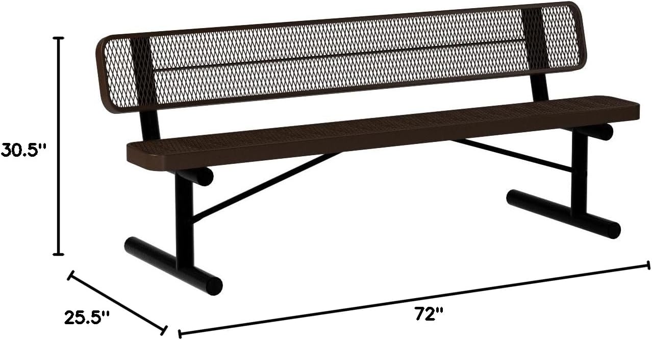 Coated Outdoor Furniture Heavy-Duty Portable Outdoor Bench Thermoplastic Coated, Expanded Metal, Commercial-Grade Seating, Made in America (Portable with Back, 6 Ft, Brown)