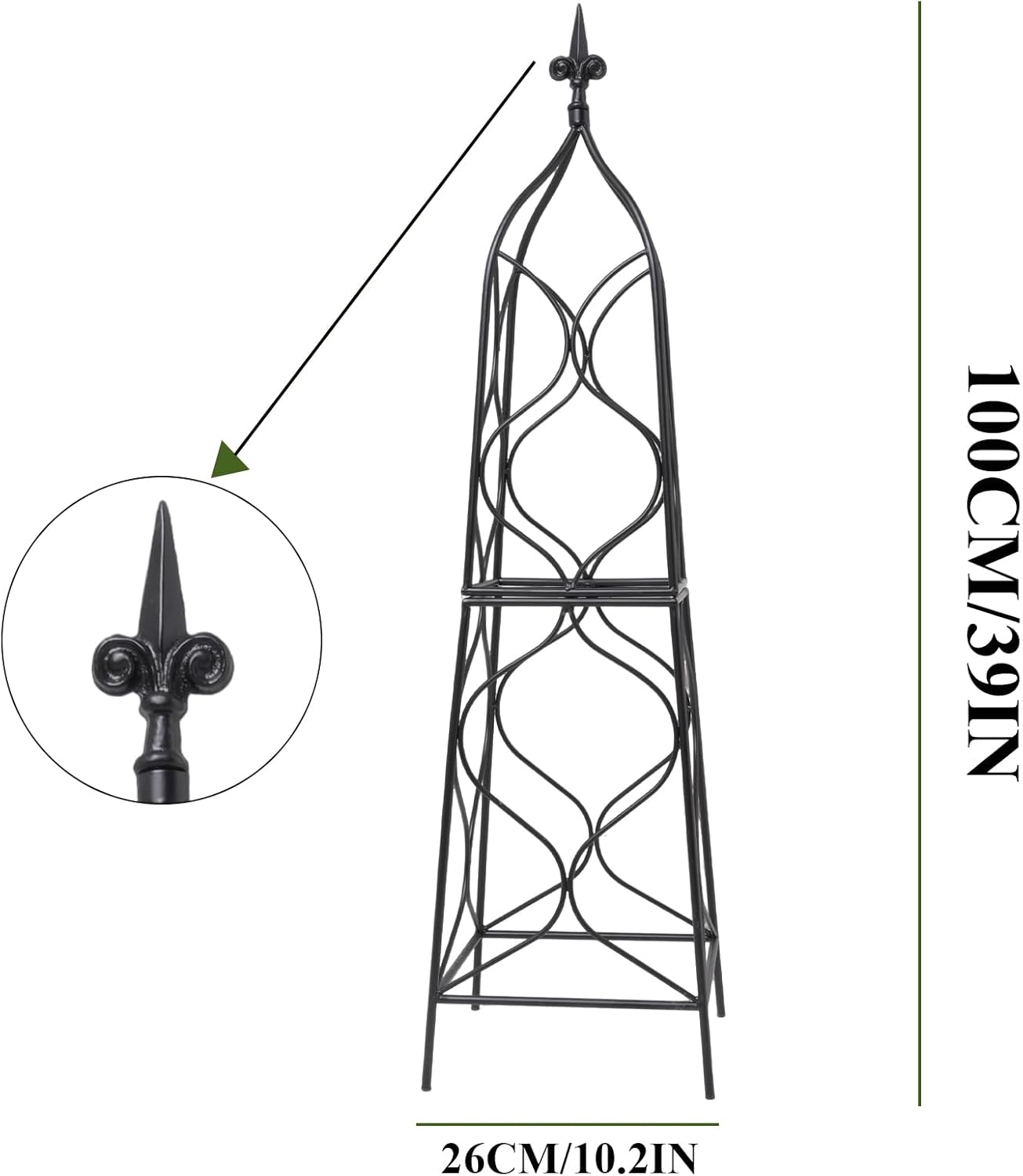 Obelisk Trellis for Garden - 38.3" x 10.03" Durable Metal Climbing Support for Roses, Vines & Flowers | Elegant Black Design with Decorative Top & Hollow Sides