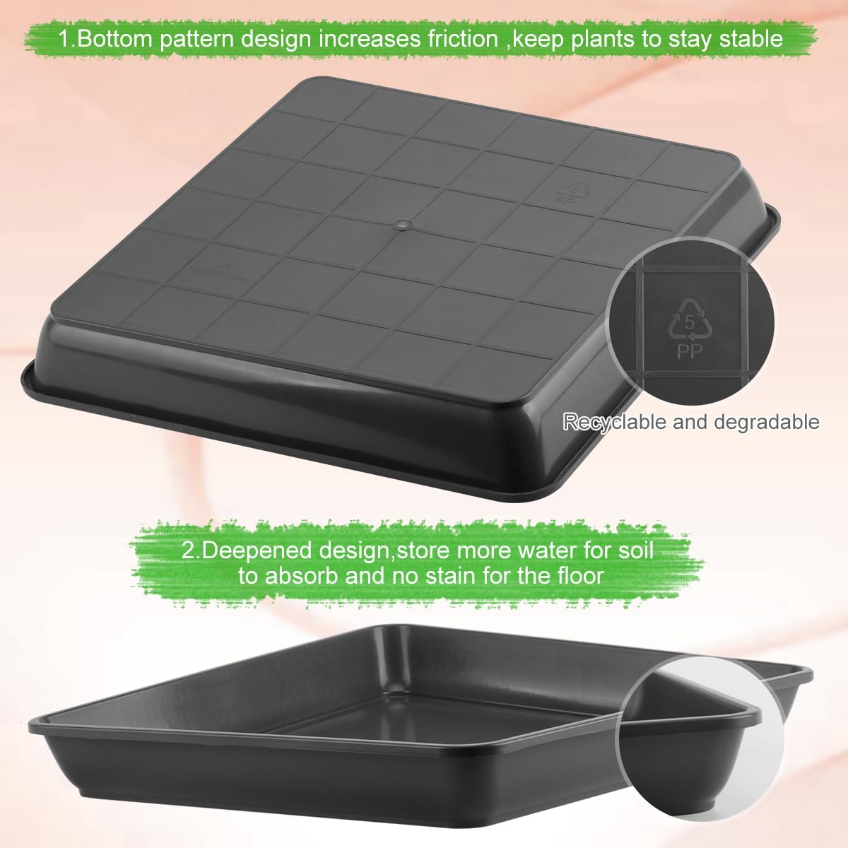 WAYNHUI Squared Plant Saucer 23inch 2pack Square Plastic Basin Tray Large/Small Water Receiving Tray(Black 23inch 2pack)