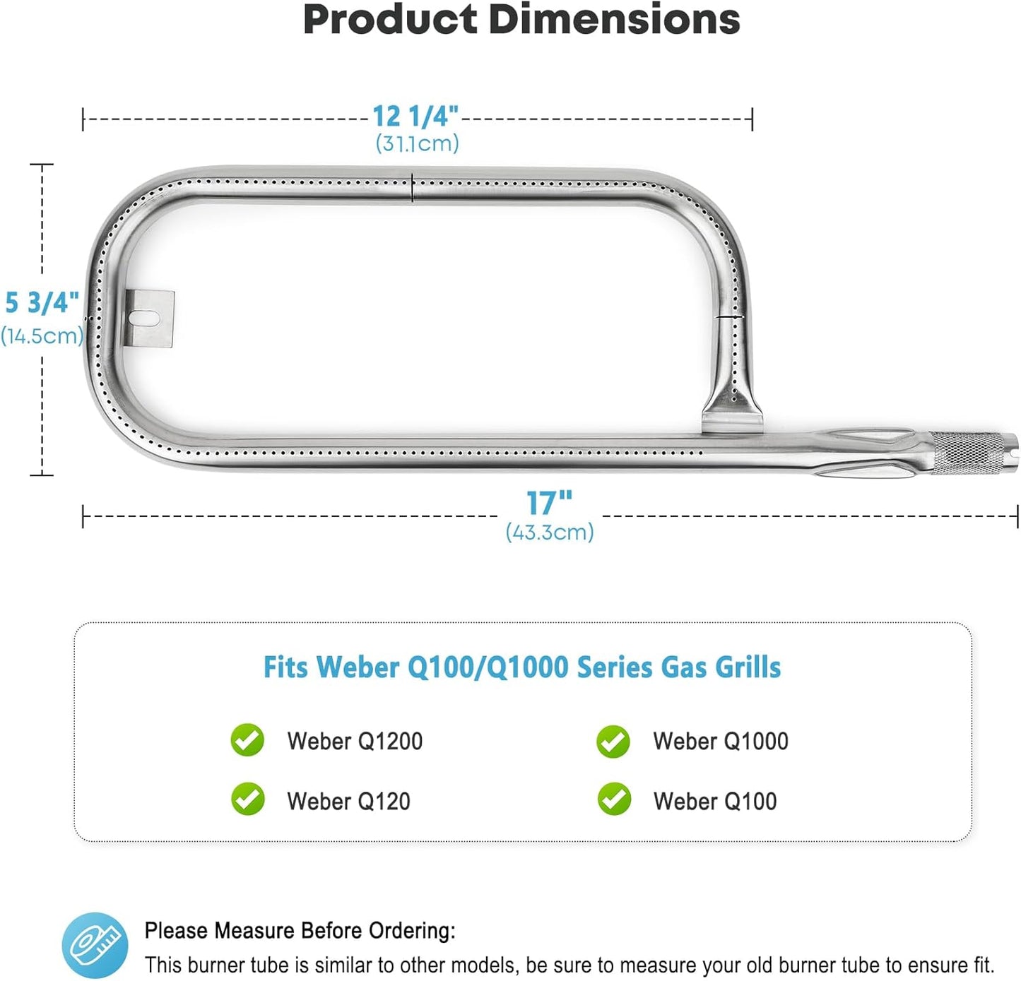 Stanbroil 17 Inch Grill Burner Tube for Weber Q1200, Q1000, Q100, Q120, Baby Q Gas Grill, 304 Stainless Steel 69957 Burner Tube for Weber 386001, 386002, 516002, 516001, 50060001, 51060001